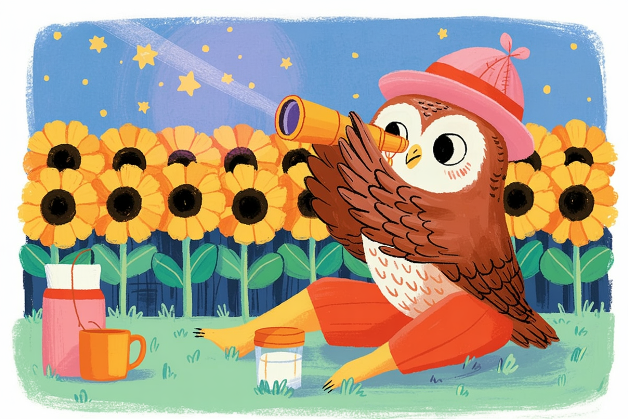Children's book illustration of an owl in sunflowers at night