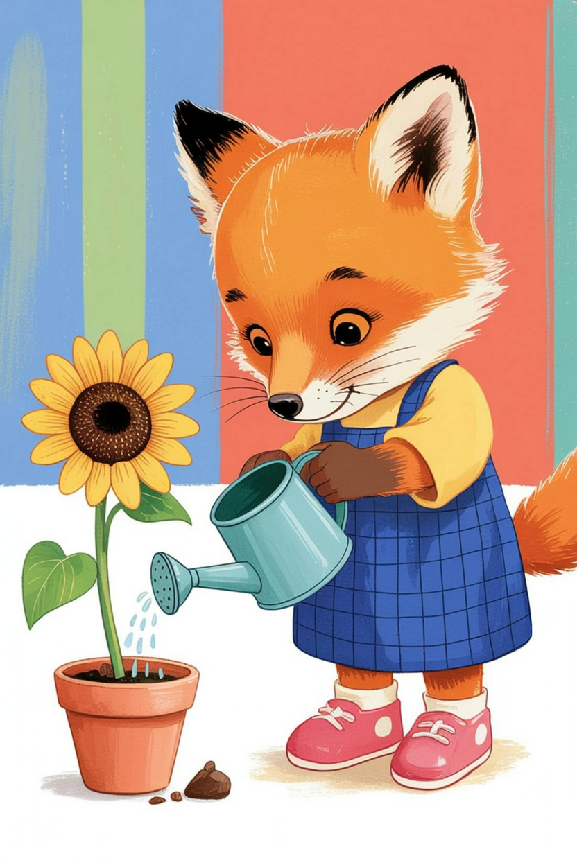 Children's book illustration of a fox watering a sunflower