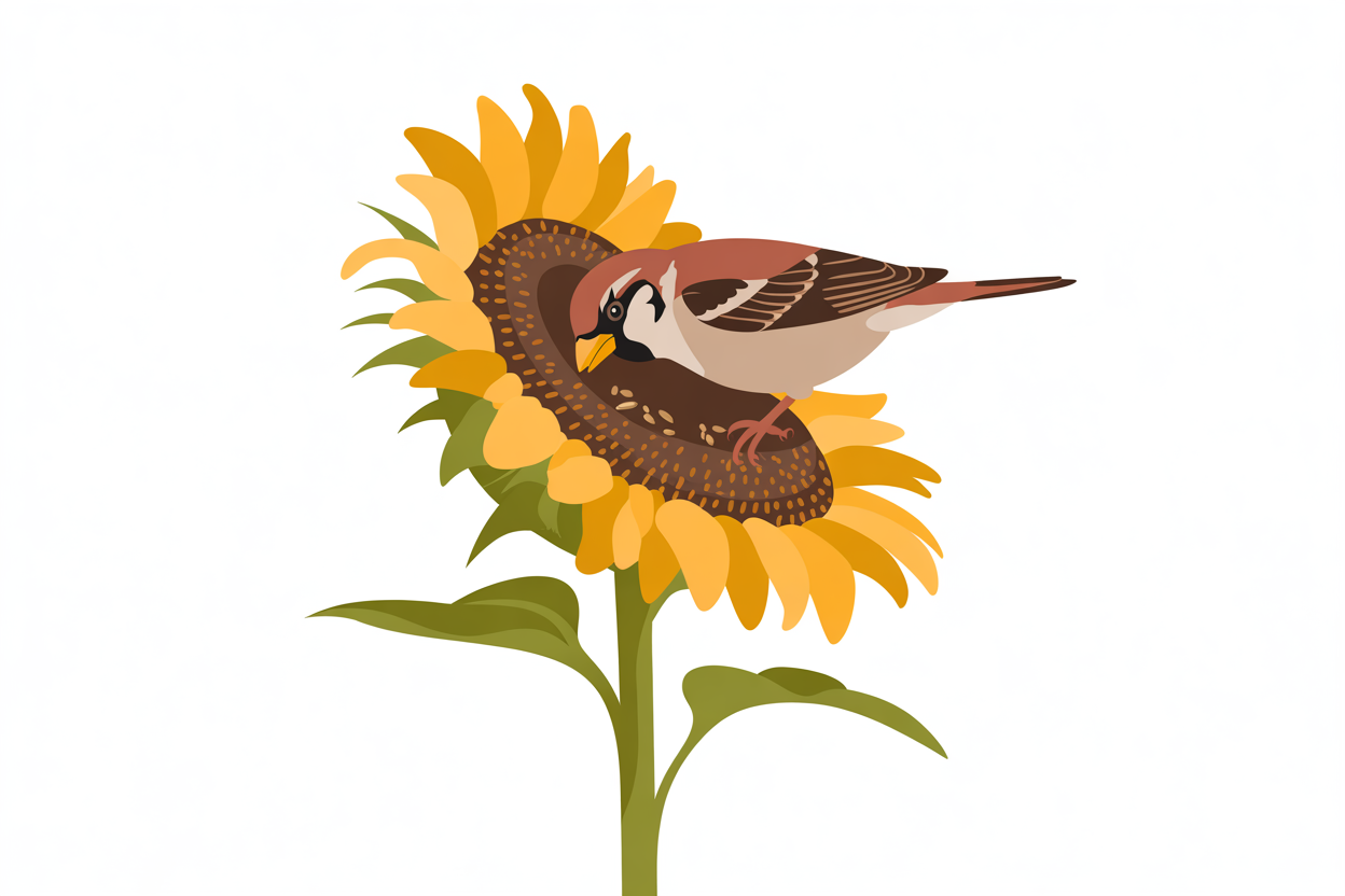 Flat vector illustration of a bird on a sunflower