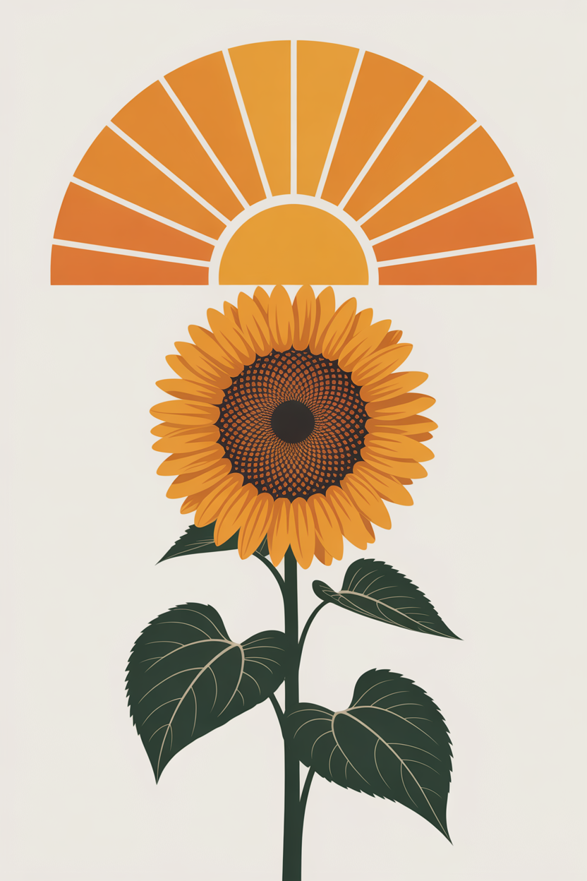 Flat vector illustration of a sunflower at sunrise