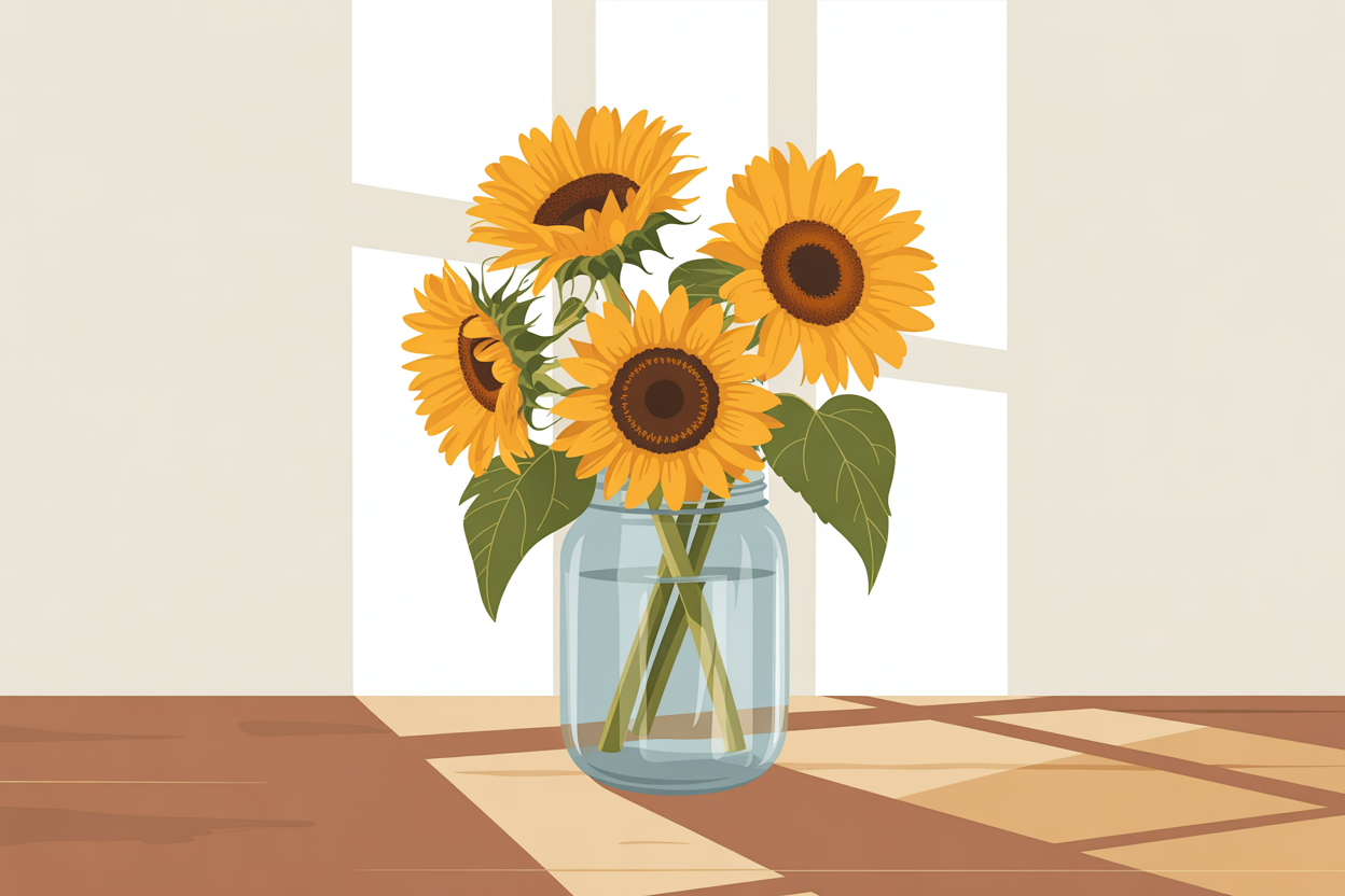 Flat vector illustration of sunflowers on a windowsill