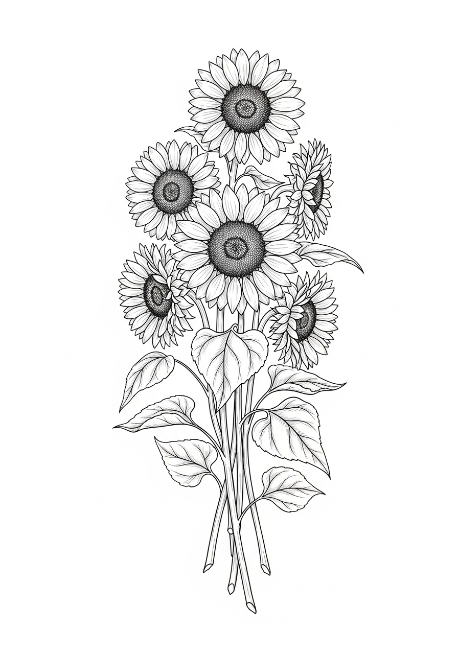 Line art illustration of a sunflower bouquet