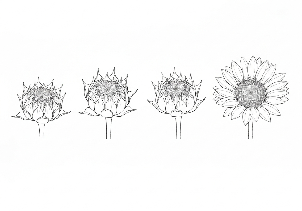 Line art illustration of sunflower growth stages