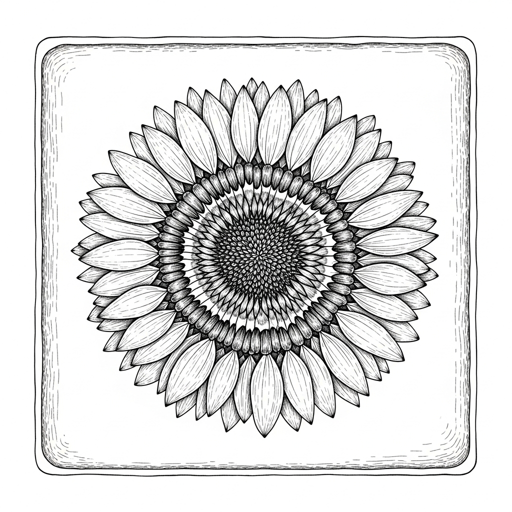 Line art illustration of a sunflower cross-section
