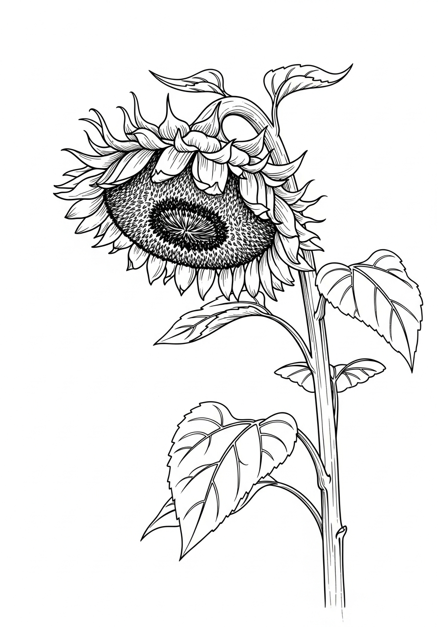 Line art illustration of a drooping sunflower