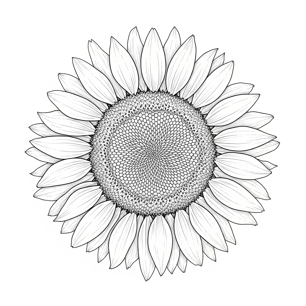 Line art illustration of a sunflower from above