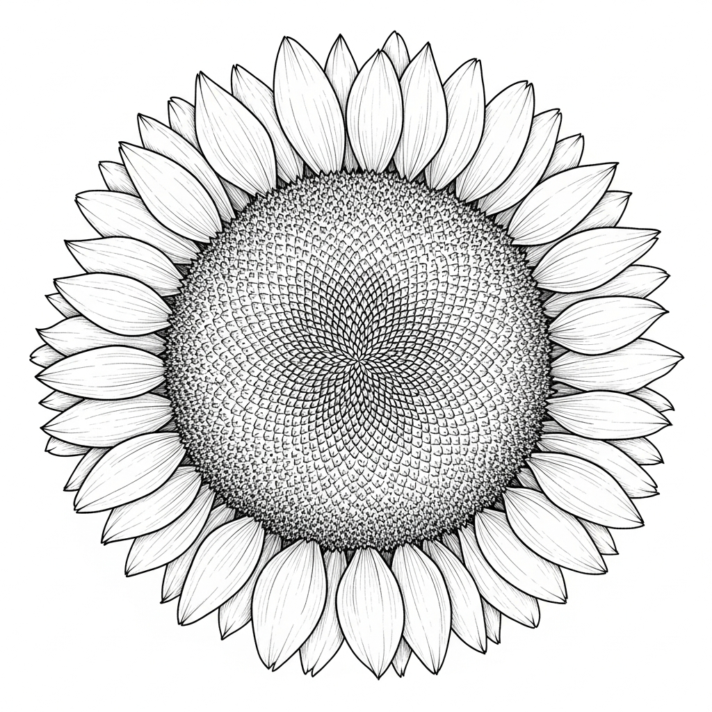Line art illustration of a sunflower head