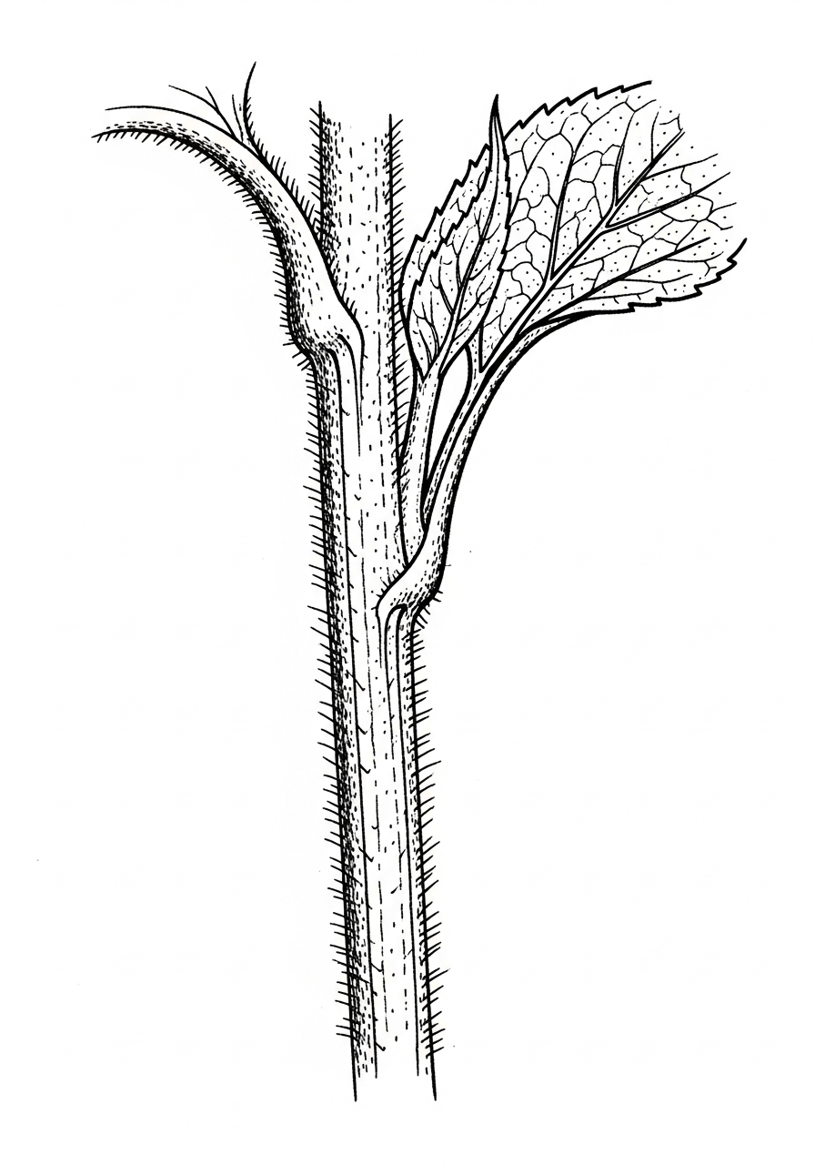 Line art illustration of a sunflower stem detail