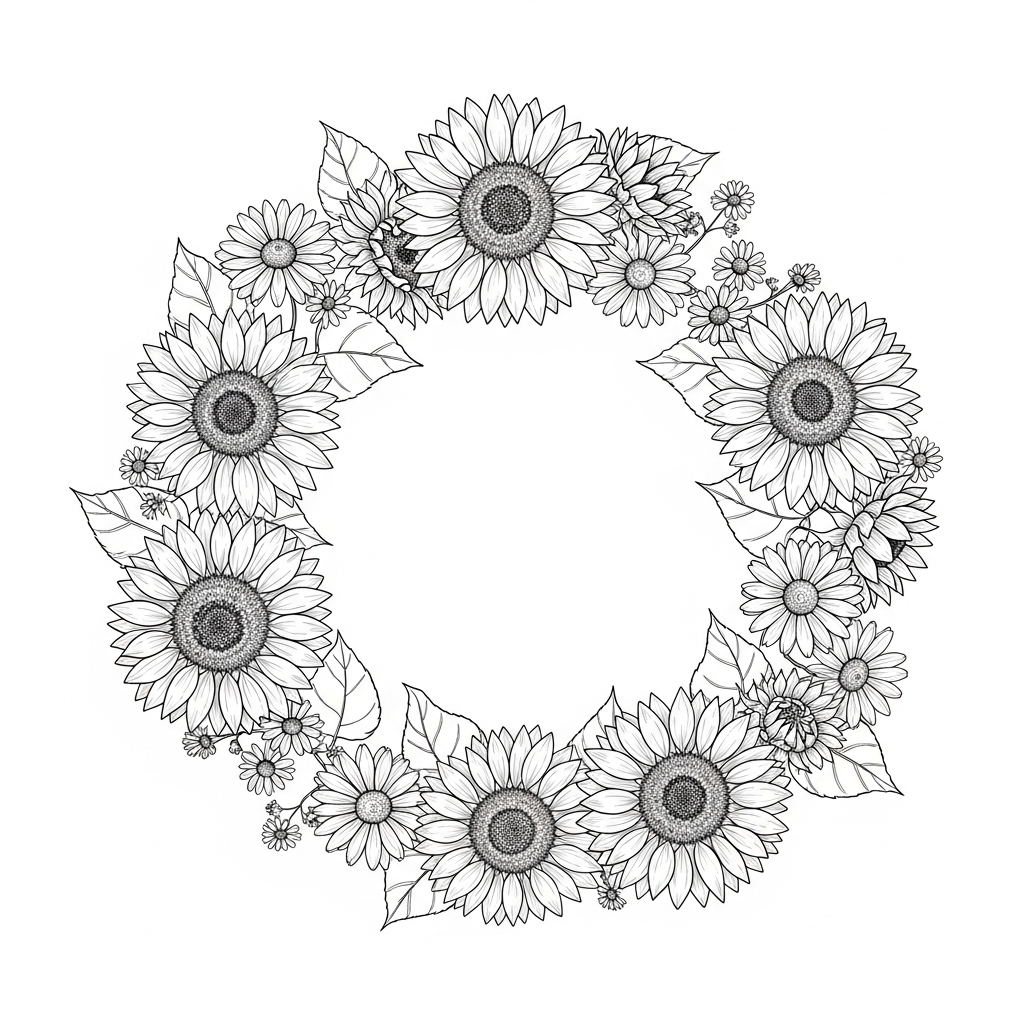 Line art illustration of a sunflower wreath