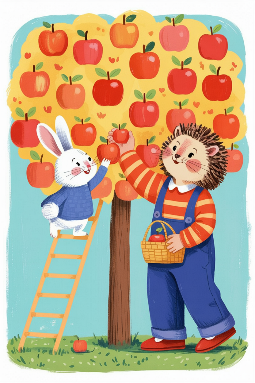 Children's book style illustration of animals harvesting apples