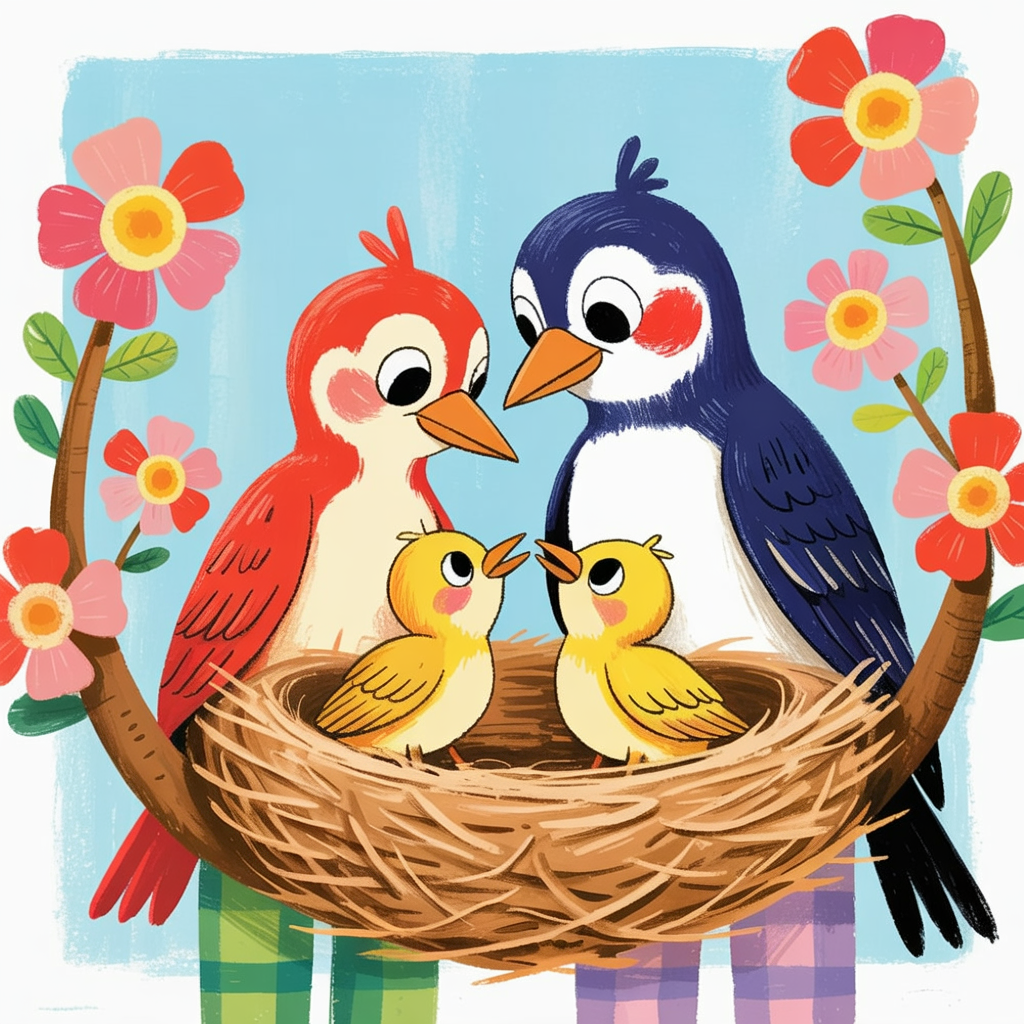 Children's book style illustration of a bird family in a nest