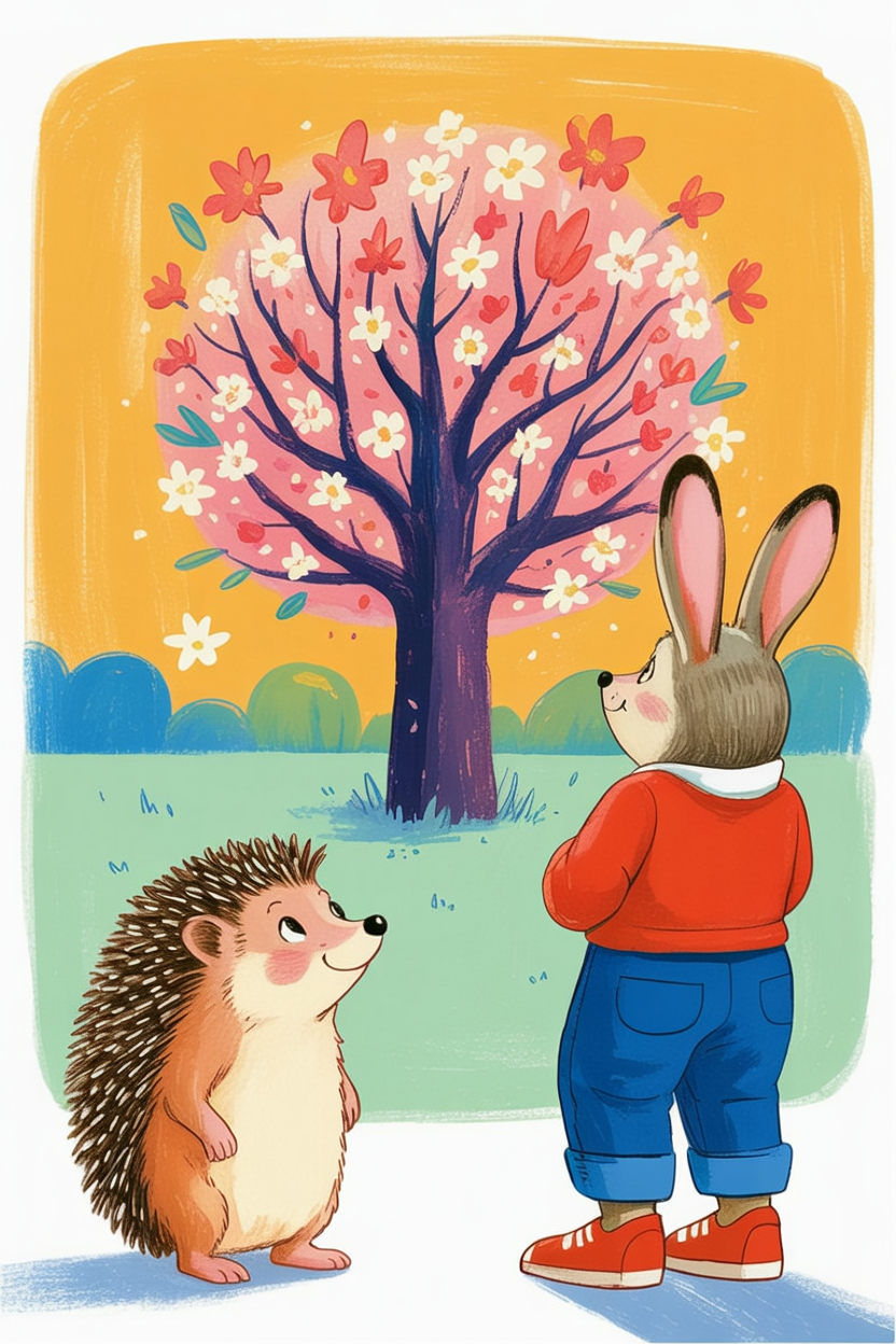 Children's book style illustration of a tree blossoming in spring