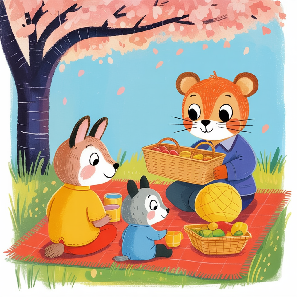 Children's book style illustration of a picnic under cherry blossoms