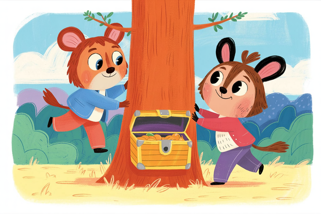 Children's book style illustration of animals climbing a tree