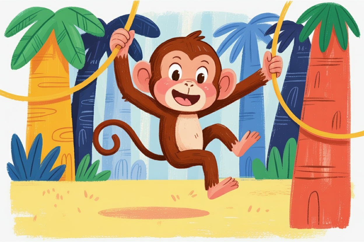 Children's book style illustration of a monkey swinging through jungle trees