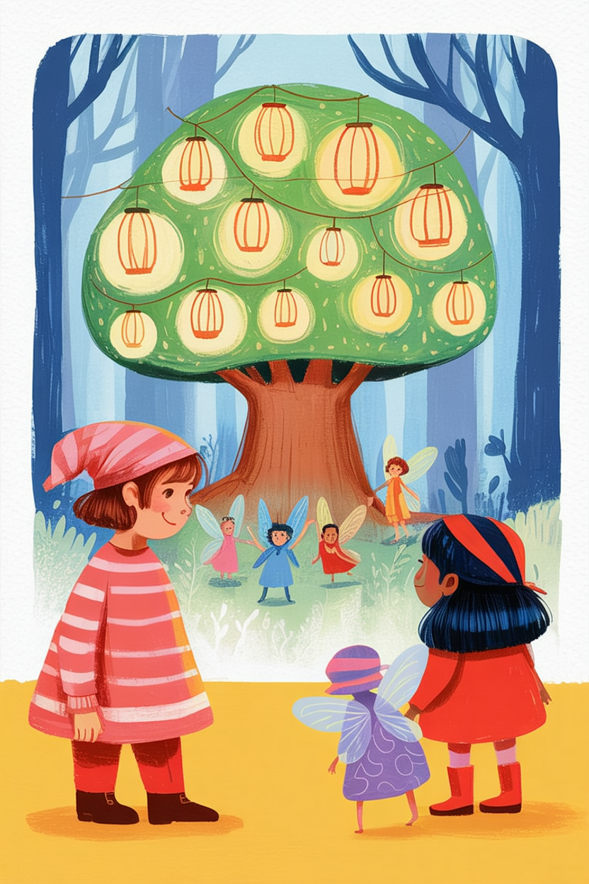 Children's book style illustration of a magical glowing tree