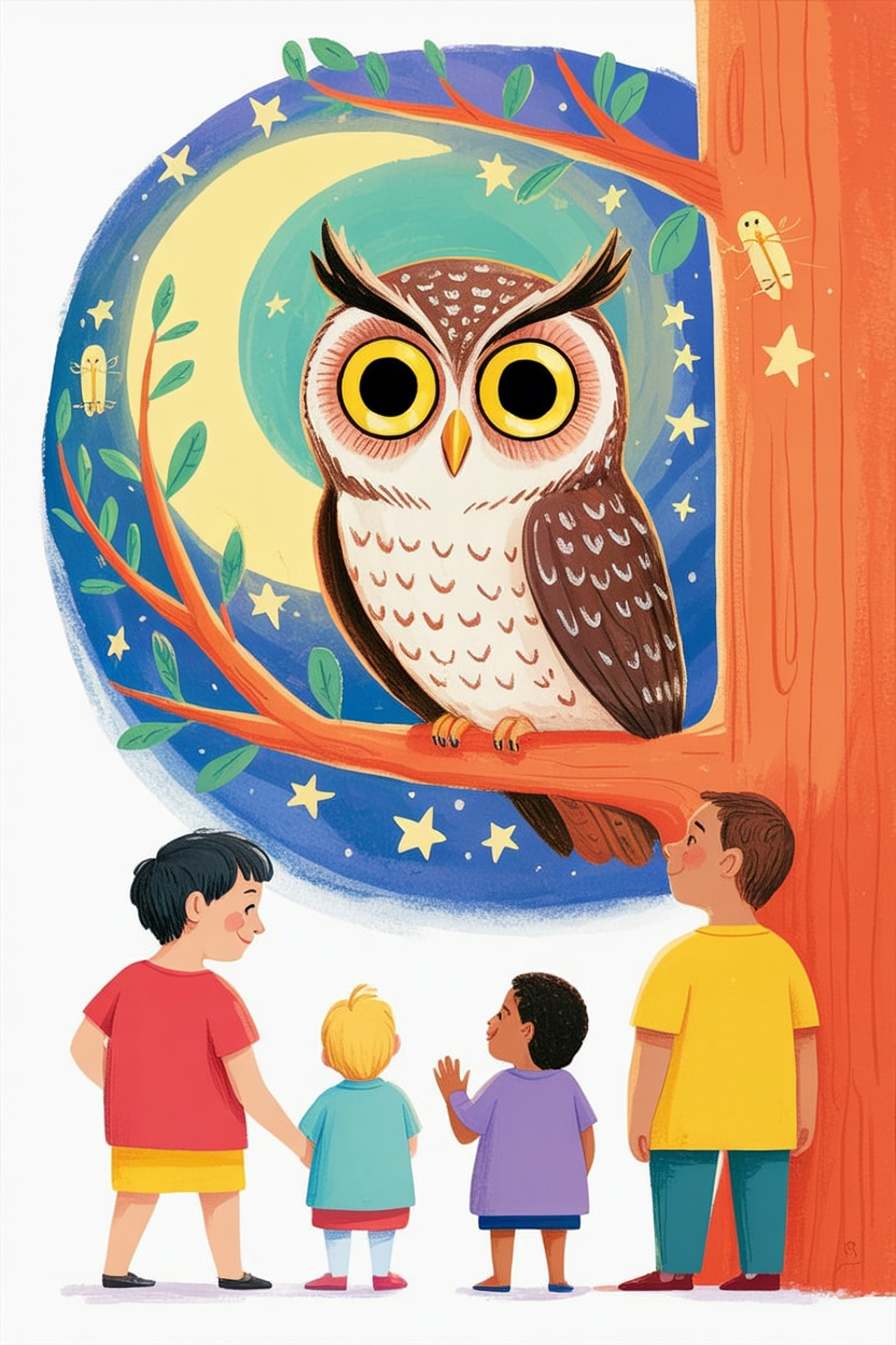 Children's book style illustration of an owl in a tree at night