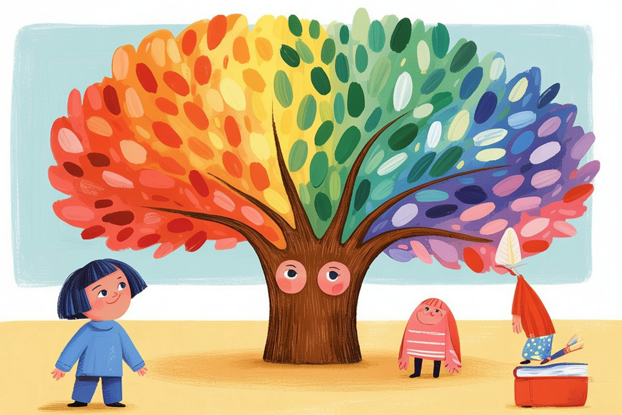 Children's book style illustration of a rainbow-coloured tree