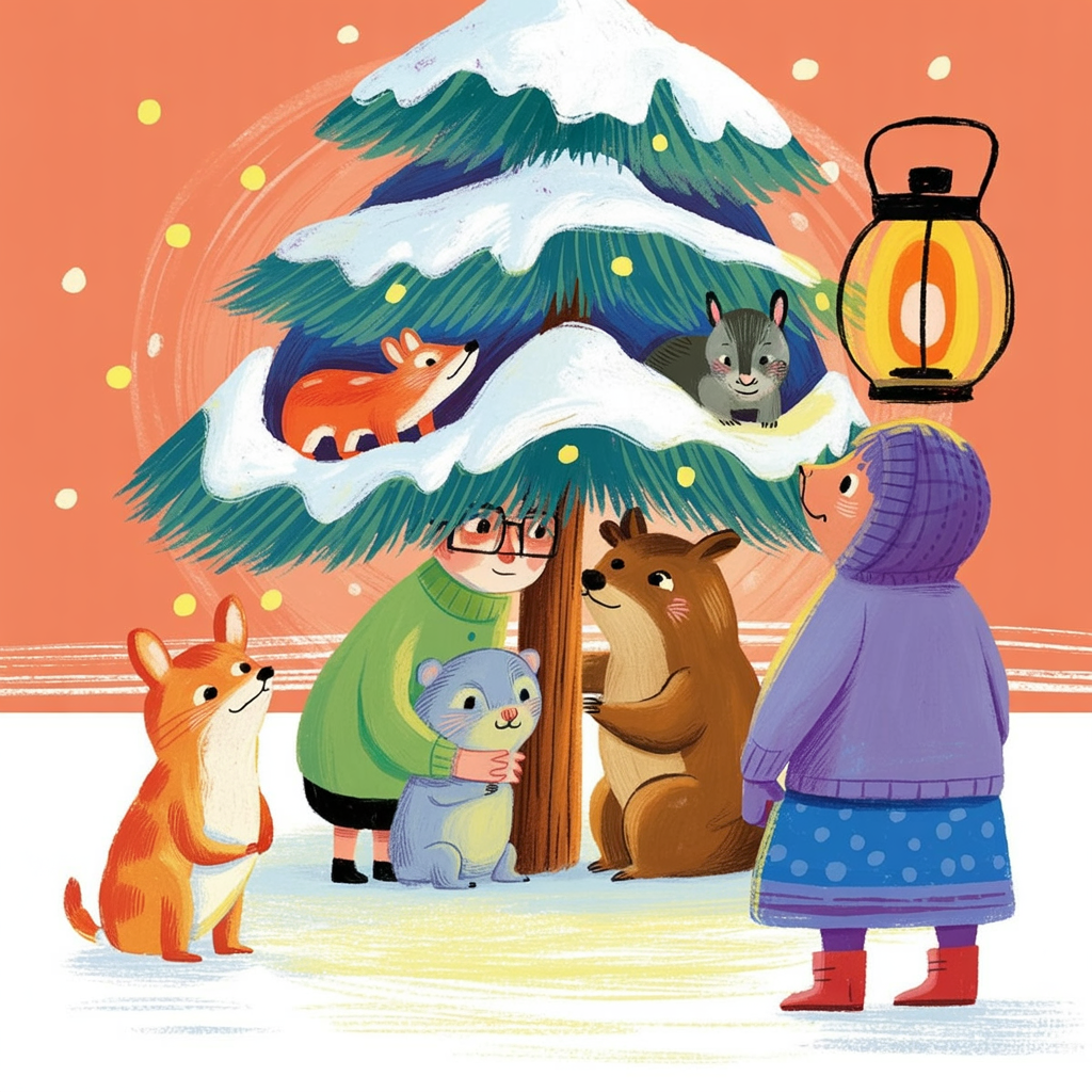Children's book style illustration of animals sheltering under a pine