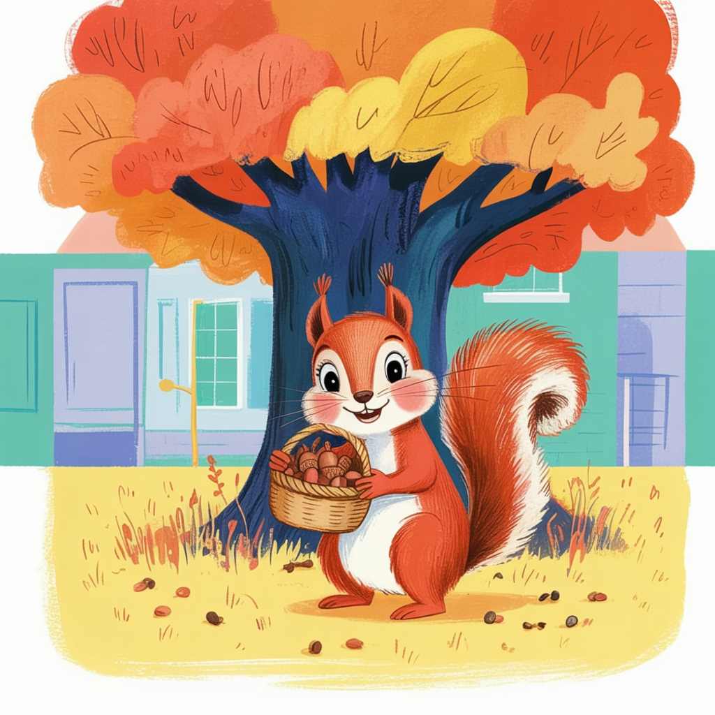 Children's book style illustration of a squirrel with acorns by a tree