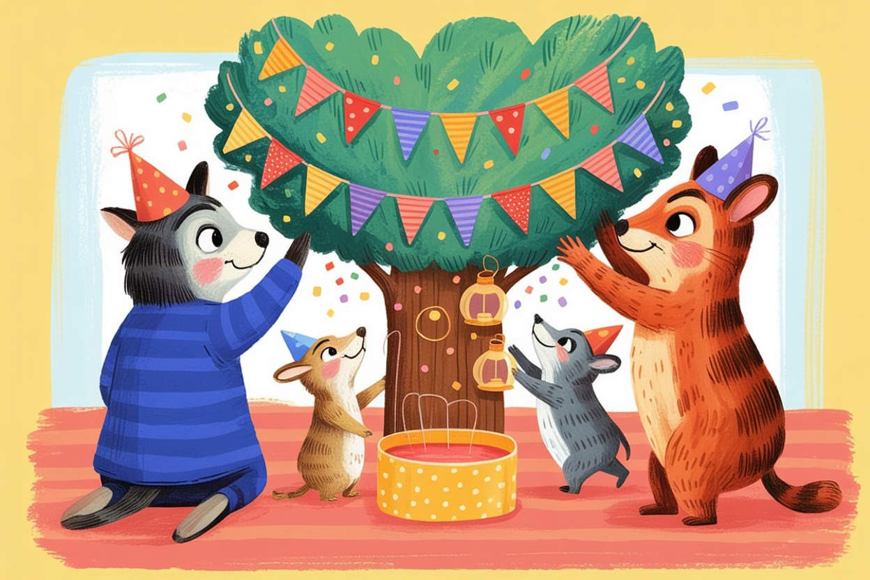 Children's book style illustration of animals decorating a tree