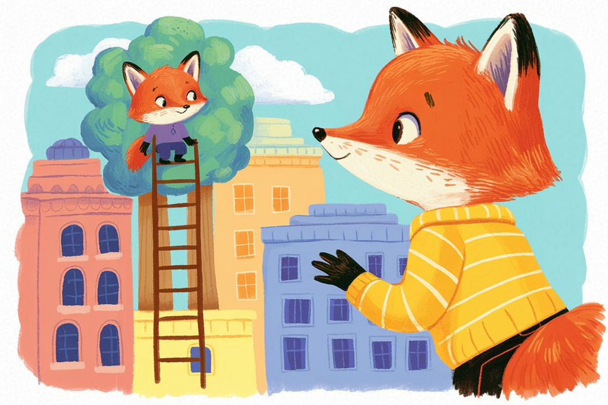 Children's book style illustration of a fox climbing to the clouds from a tree