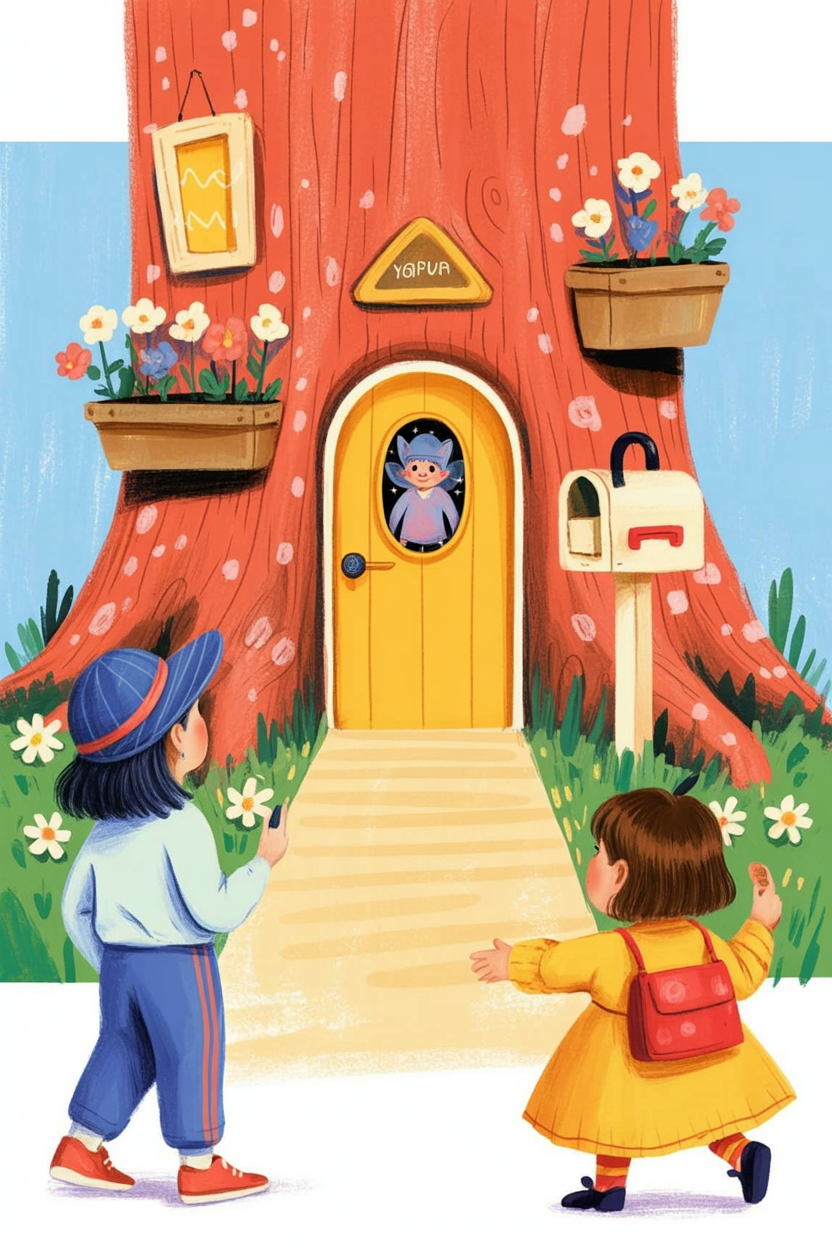 Children's book style illustration of a fairy door in a tree