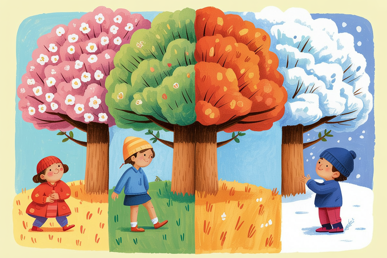 Children's book style illustration of a tree in four seasons