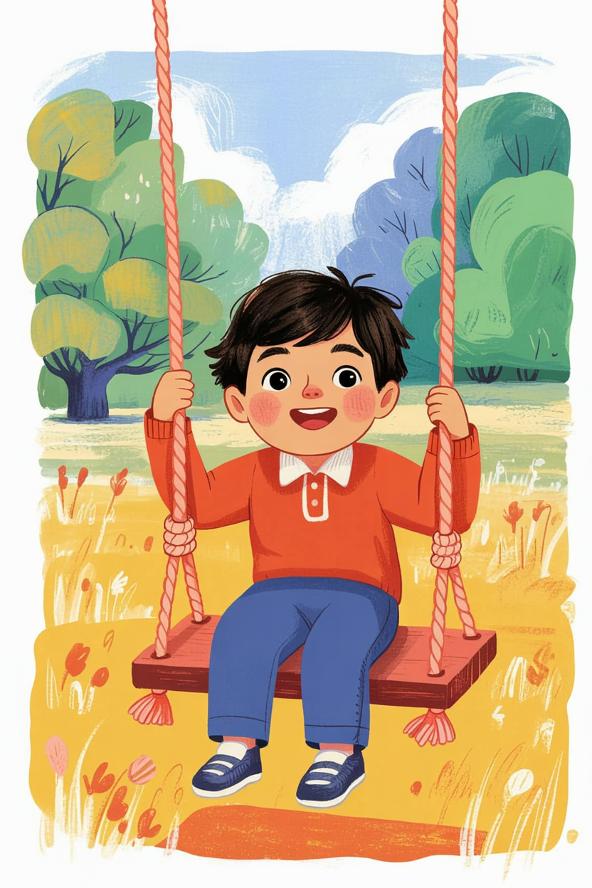 Children's book style illustration of a tree swing