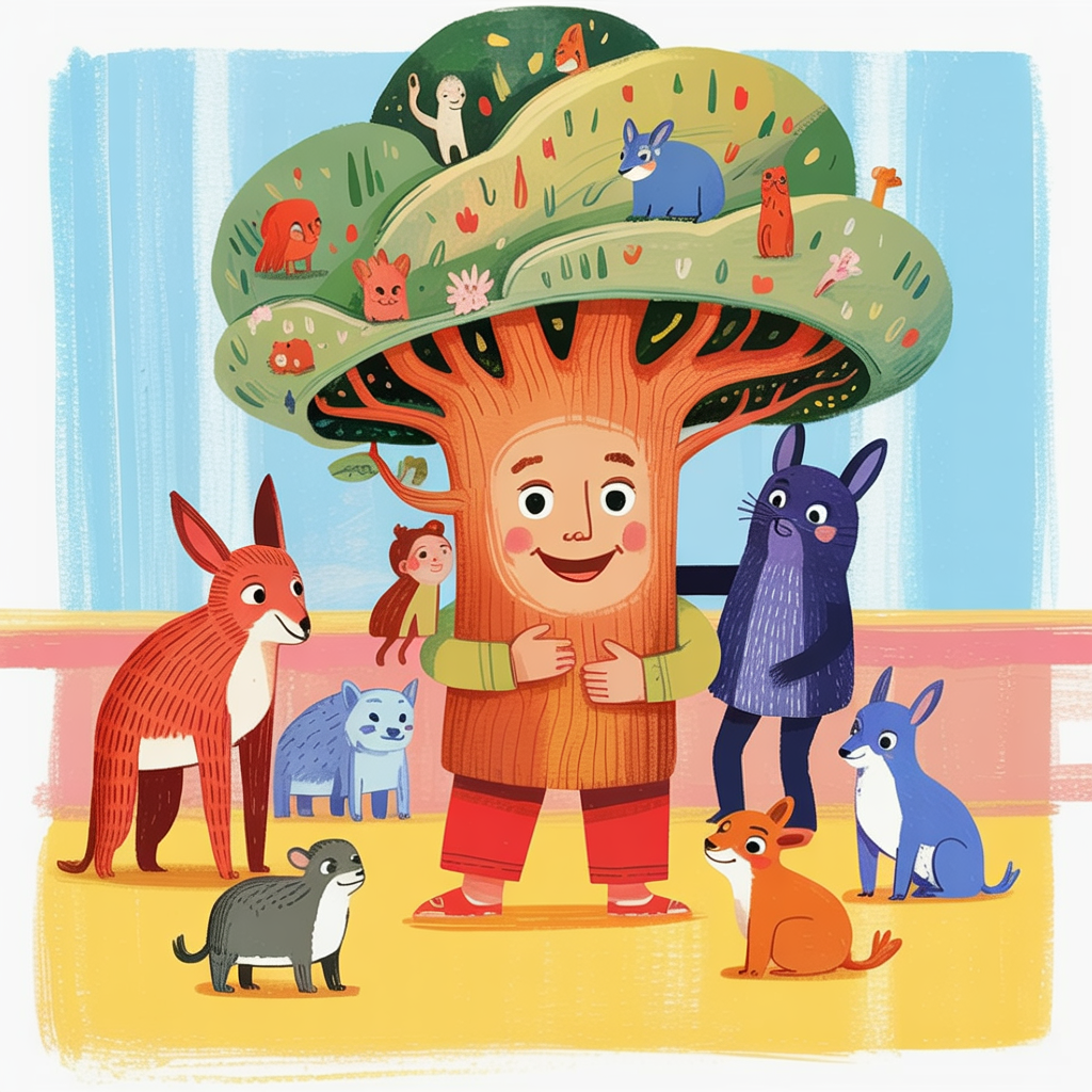 Children's book style illustration of a friendly talking tree