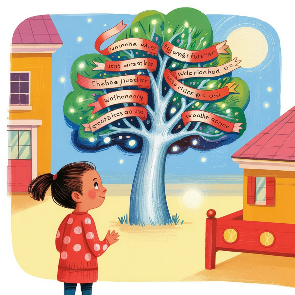 Children's book style illustration of a magical wishing tree