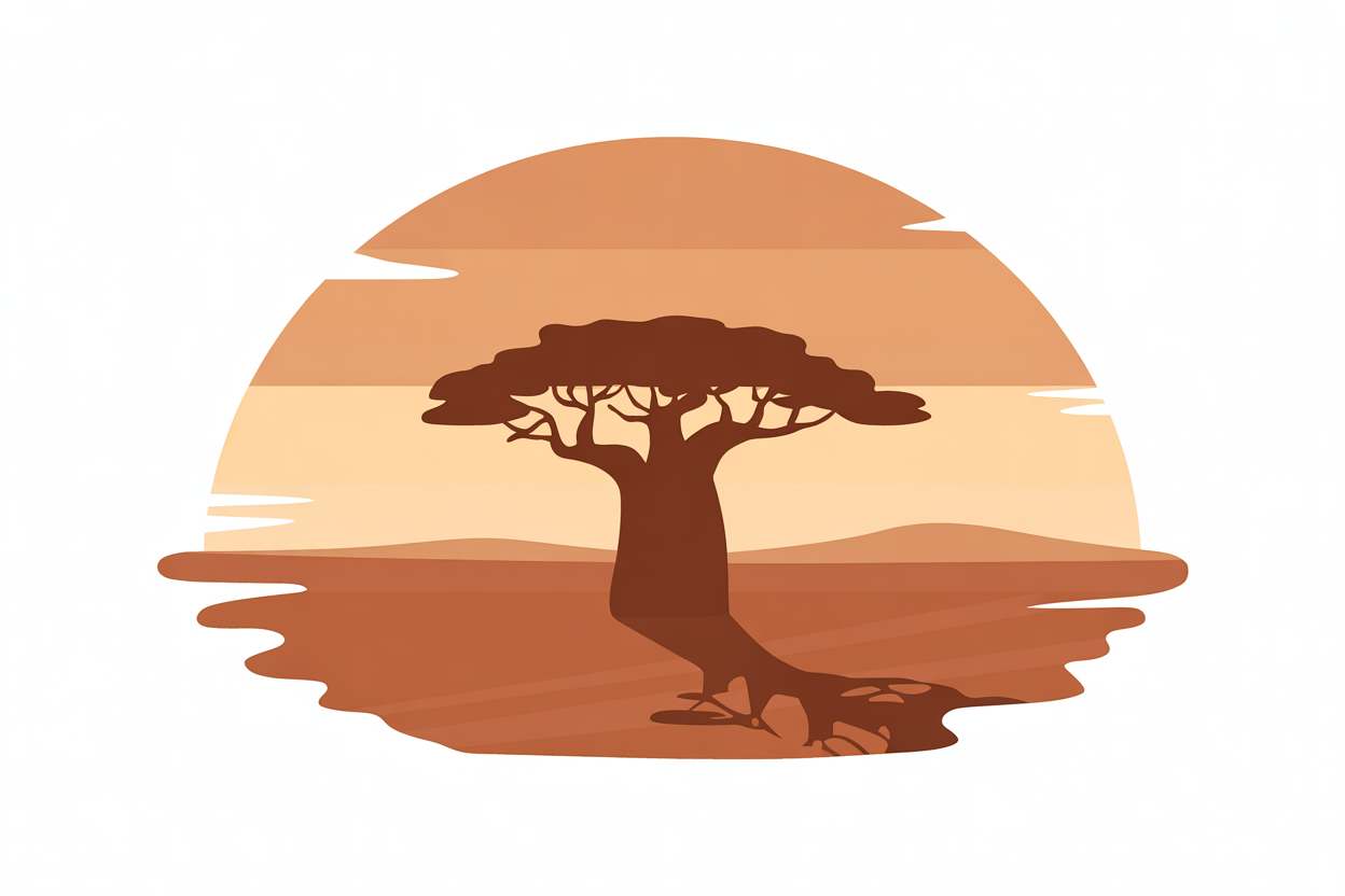 Flat vector illustration of a baobab tree on the savanna