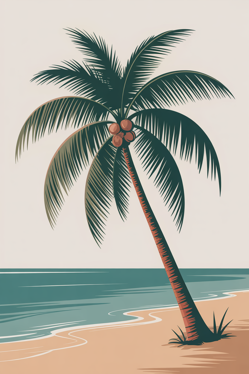 Flat vector illustration of a palm tree on the beach