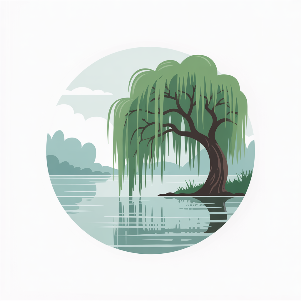 Flat vector illustration of a weeping willow by a lake