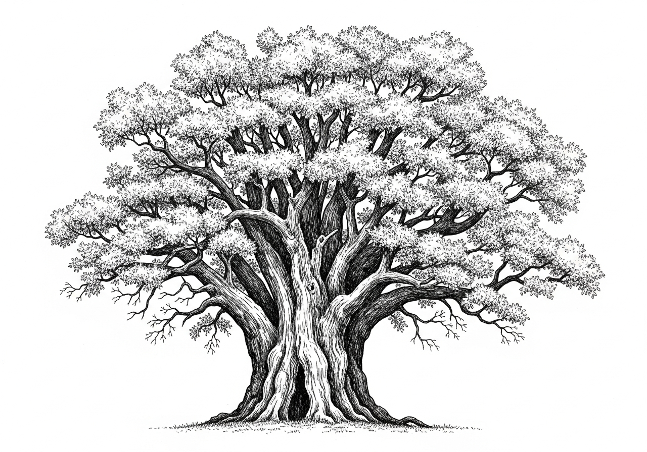Line art illustration of an ancient tree