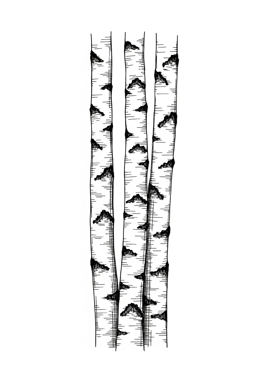 Line art illustration of birch tree trunks