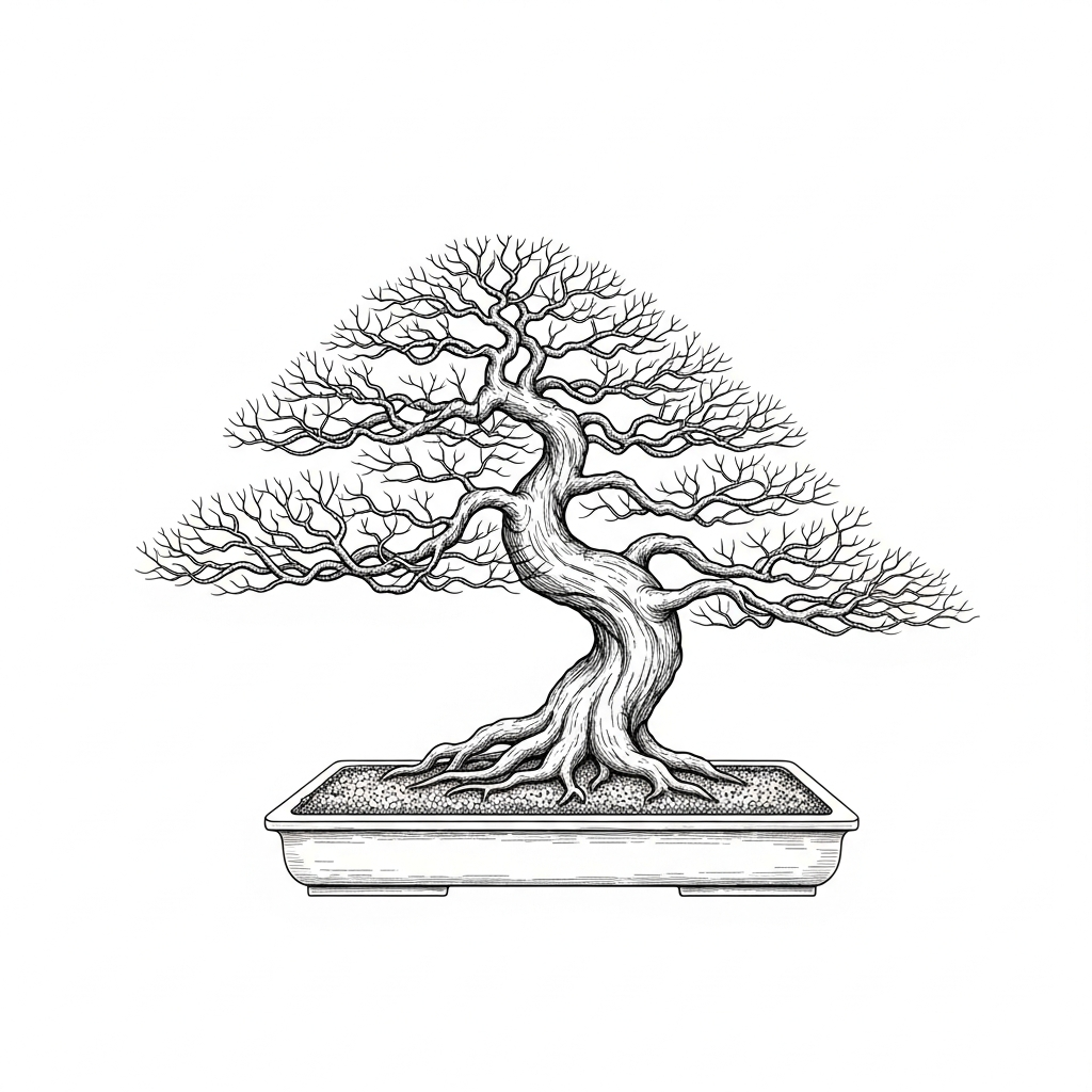 Line art illustration of a bonsai tree study