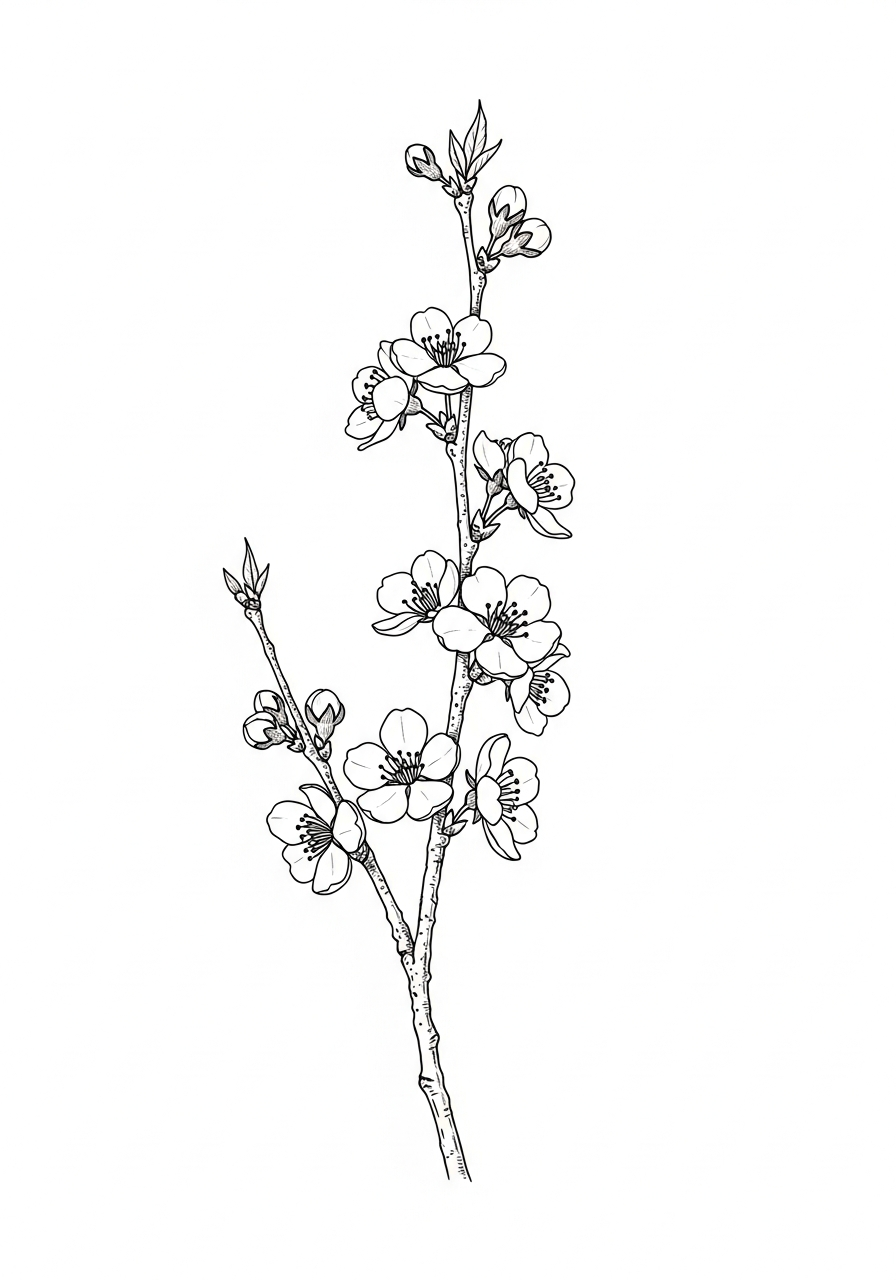 Line art illustration of a cherry blossom branch