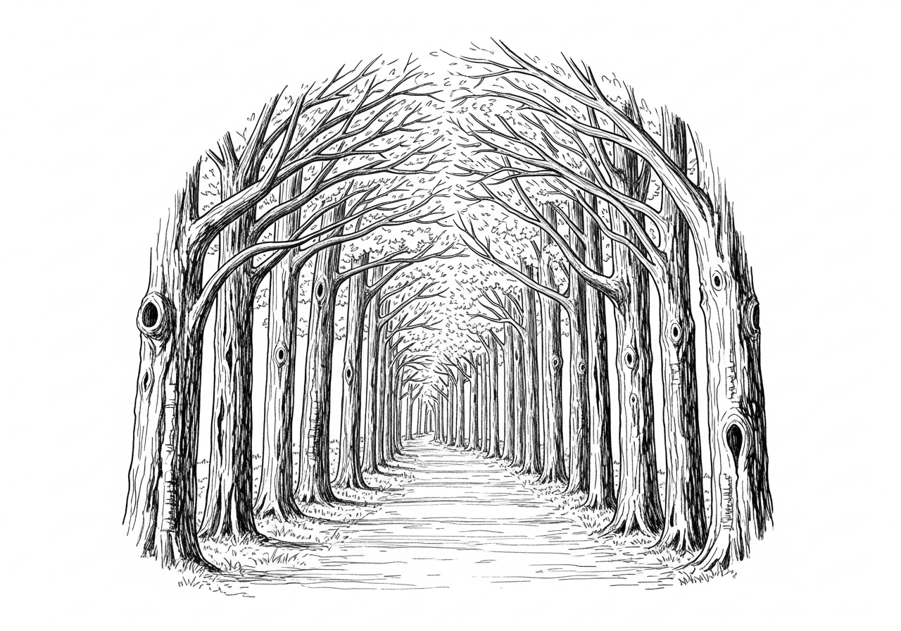 Line art illustration of a forest path