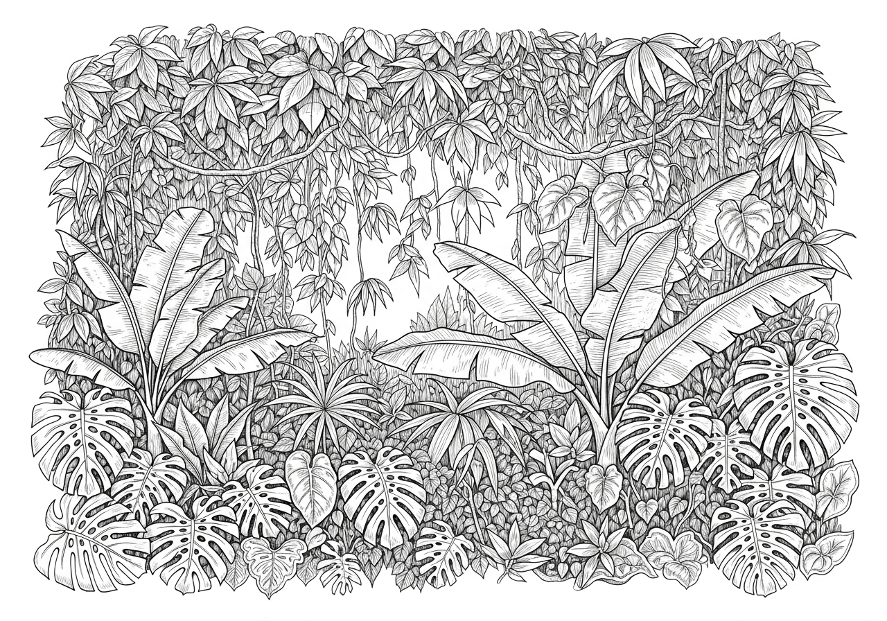 Line art illustration of a jungle canopy