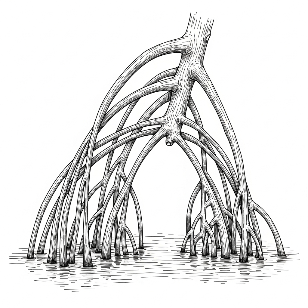 Line art illustration of mangrove roots