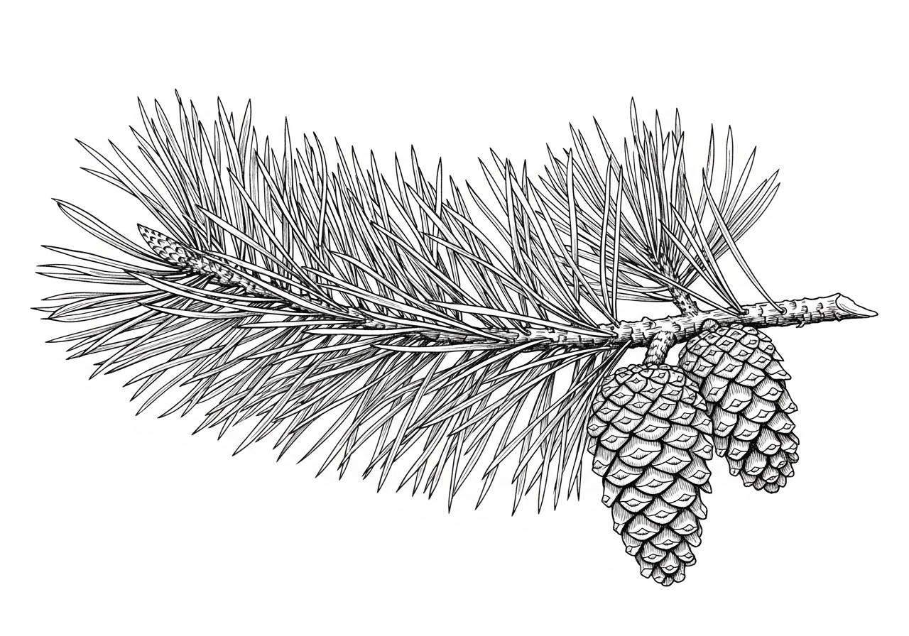 Line art illustration of a pine branch with cones