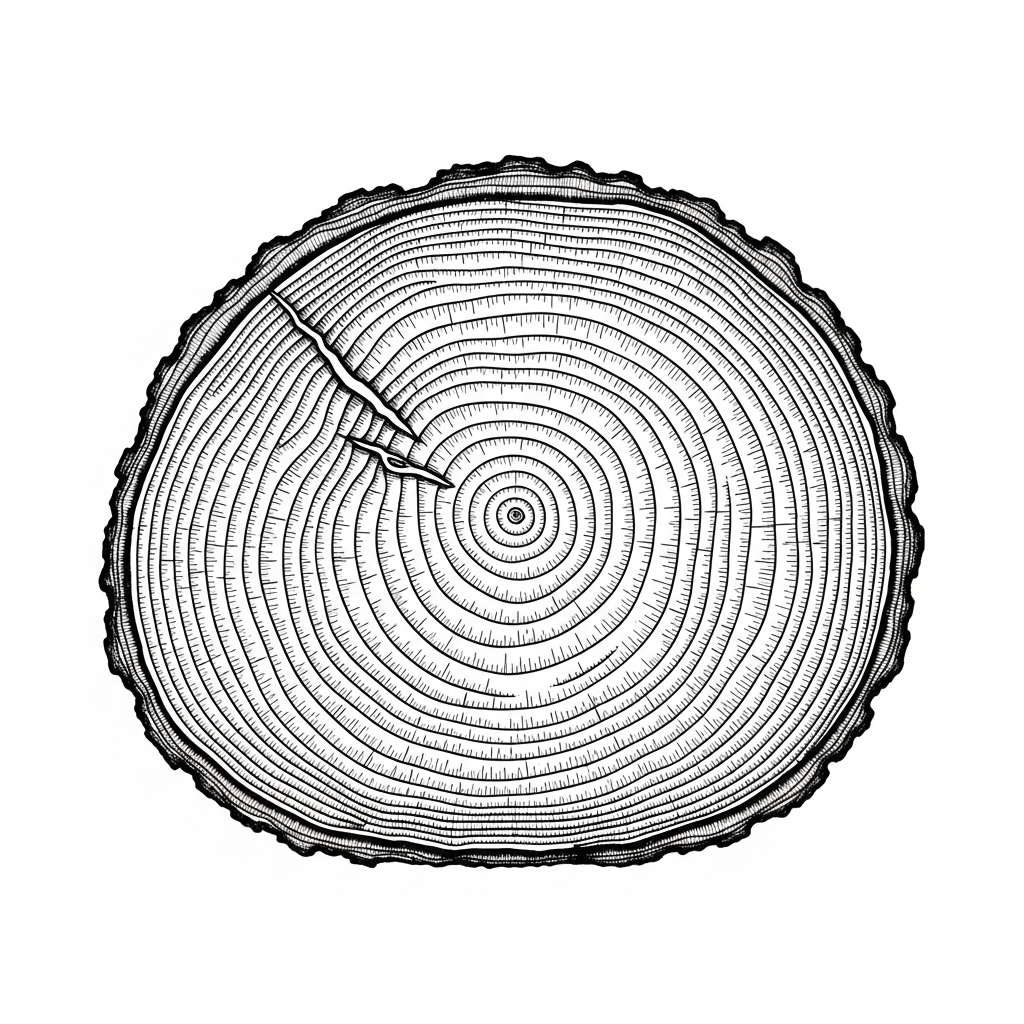 Line art illustration of tree trunk growth rings