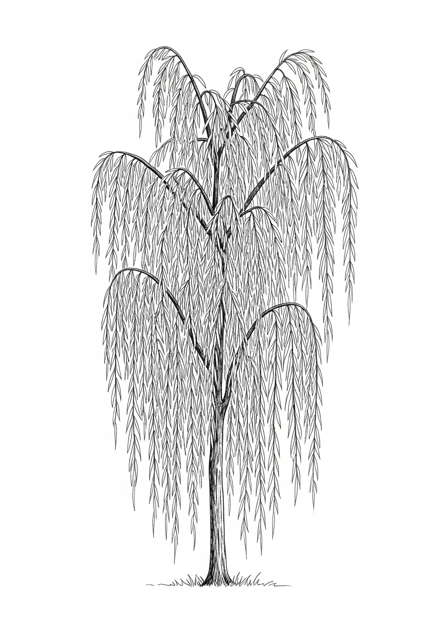 Line art illustration of a weeping willow tree