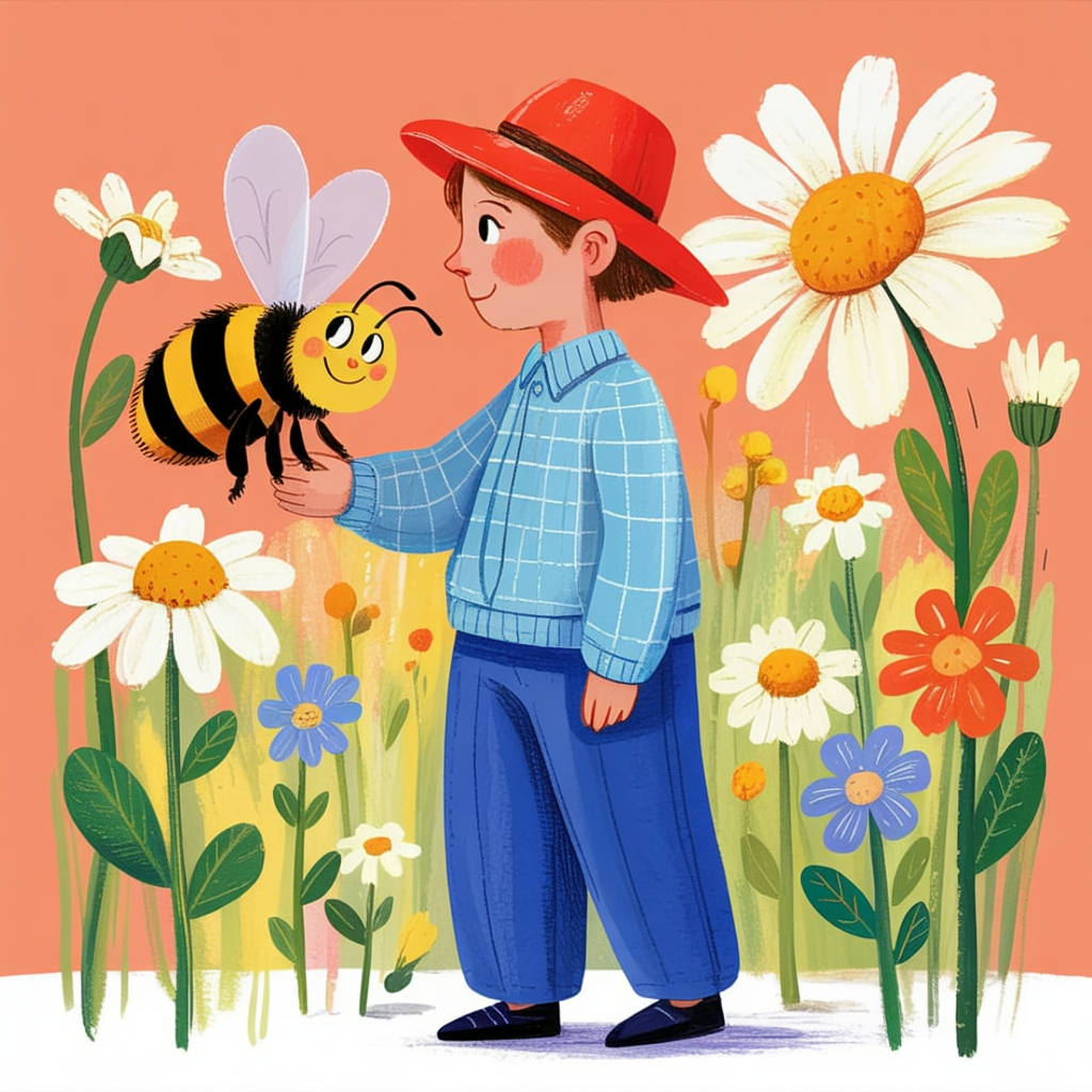 Children's book illustration of a bee on a wildflower