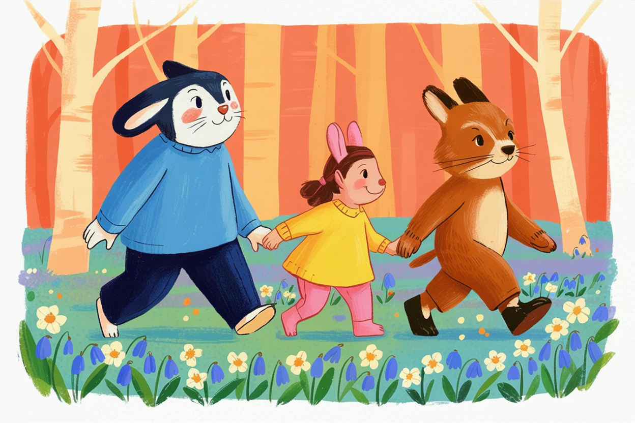Children's book illustration of animals in a bluebell forest