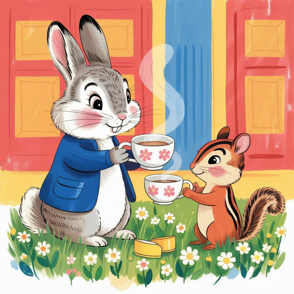 Children's book illustration of animals having chamomile tea