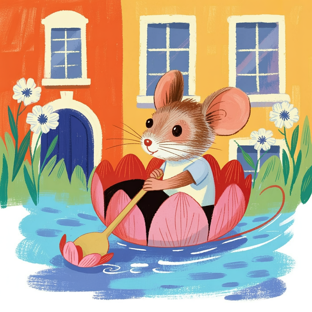 Children's book illustration of a mouse in a cornflower boat