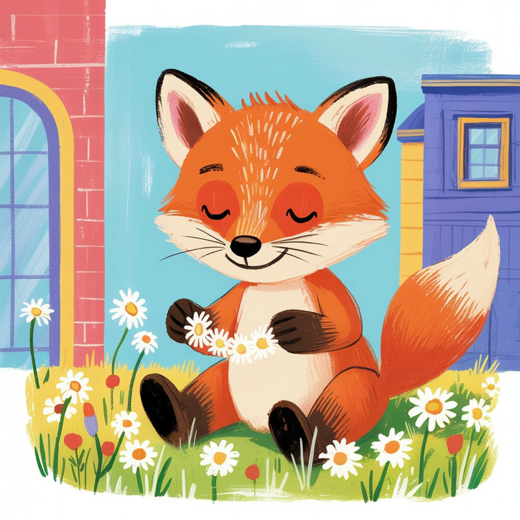 Children's book illustration of a fox making a daisy chain