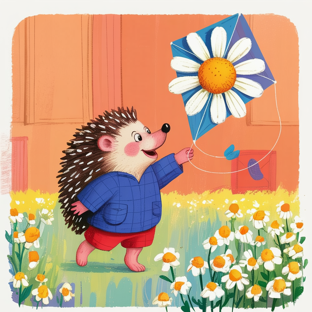 Children's book illustration of a hedgehog with a daisy kite
